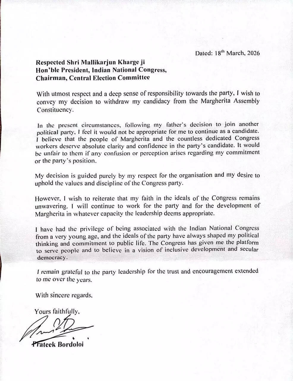 Prateek Bordoloi Withdraws Candidature Following Father's Shift to BJP