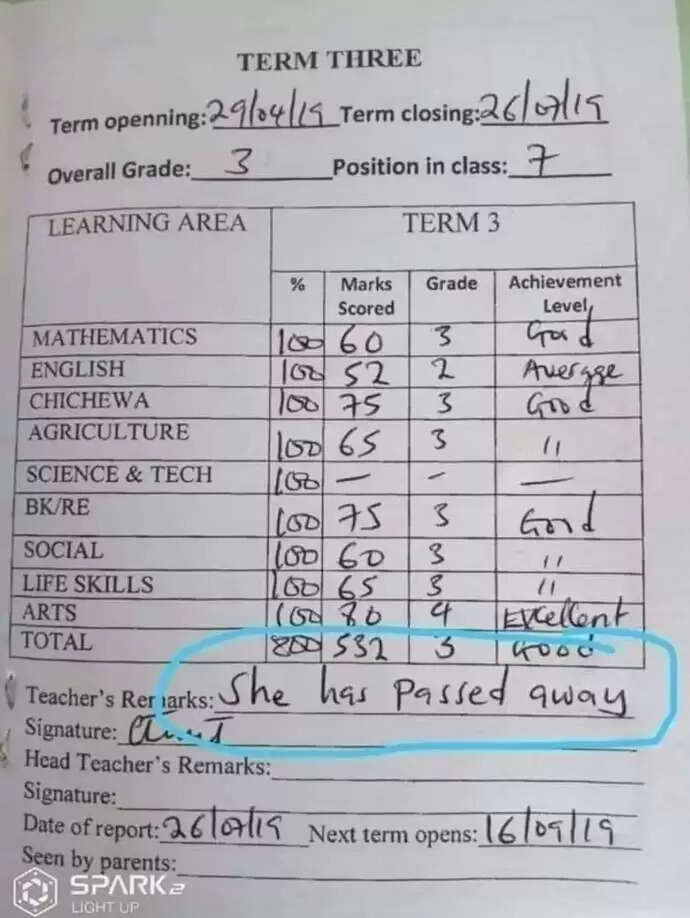 Teacher's Hilarious Mistake Declares Student 'Deceased' on Report Card