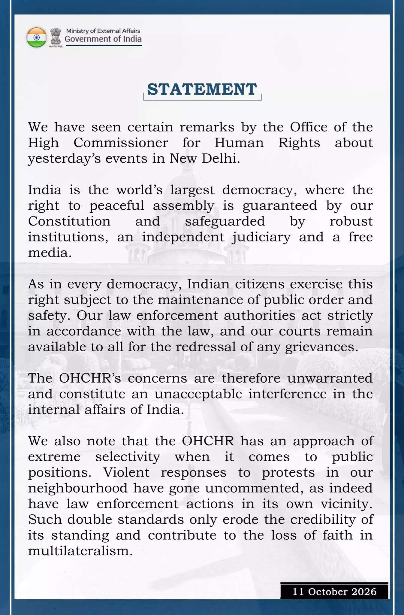 India Dismisses UN Concerns Over Protest Detentions