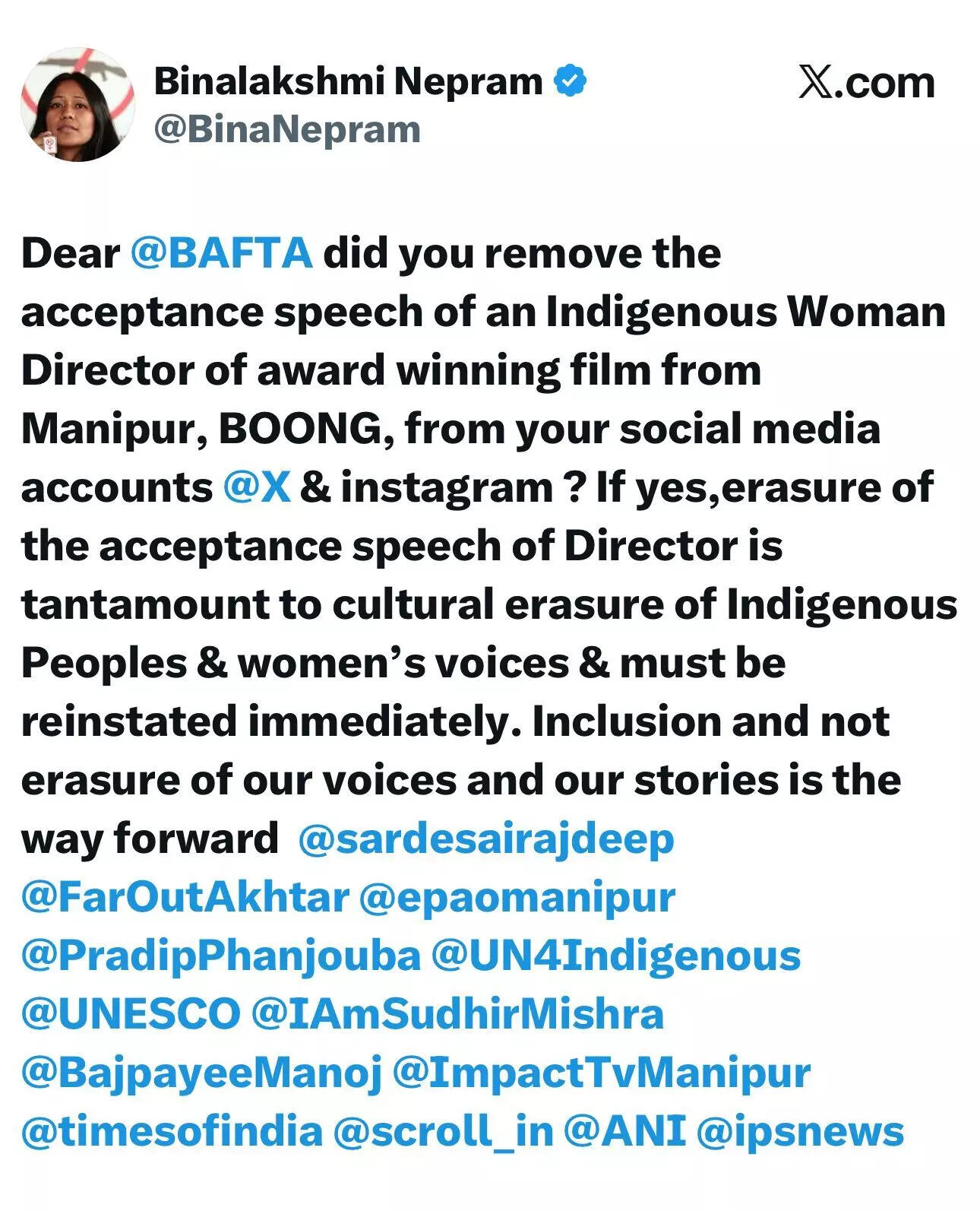 Controversy Erupts Over Removal of Lakshmipriya Devi's BAFTA Speech