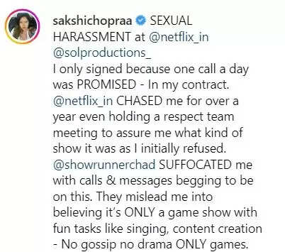 Internet personality and legendary Indian filmmaker Ramanand Sagar's granddaughter Sakshi Chopra has accused the makers of the web series, Social Currency, of sexual harassment. The internet personality, who is usually known for her bold and quirky fashion choices, took to her Instagram account to share her ordeal. She claimed that the producers had cheated her and made false promises until they could get her to sign the contract. Social currency creators accused of sexual harassment Sakshi Chopra began her post by writing,