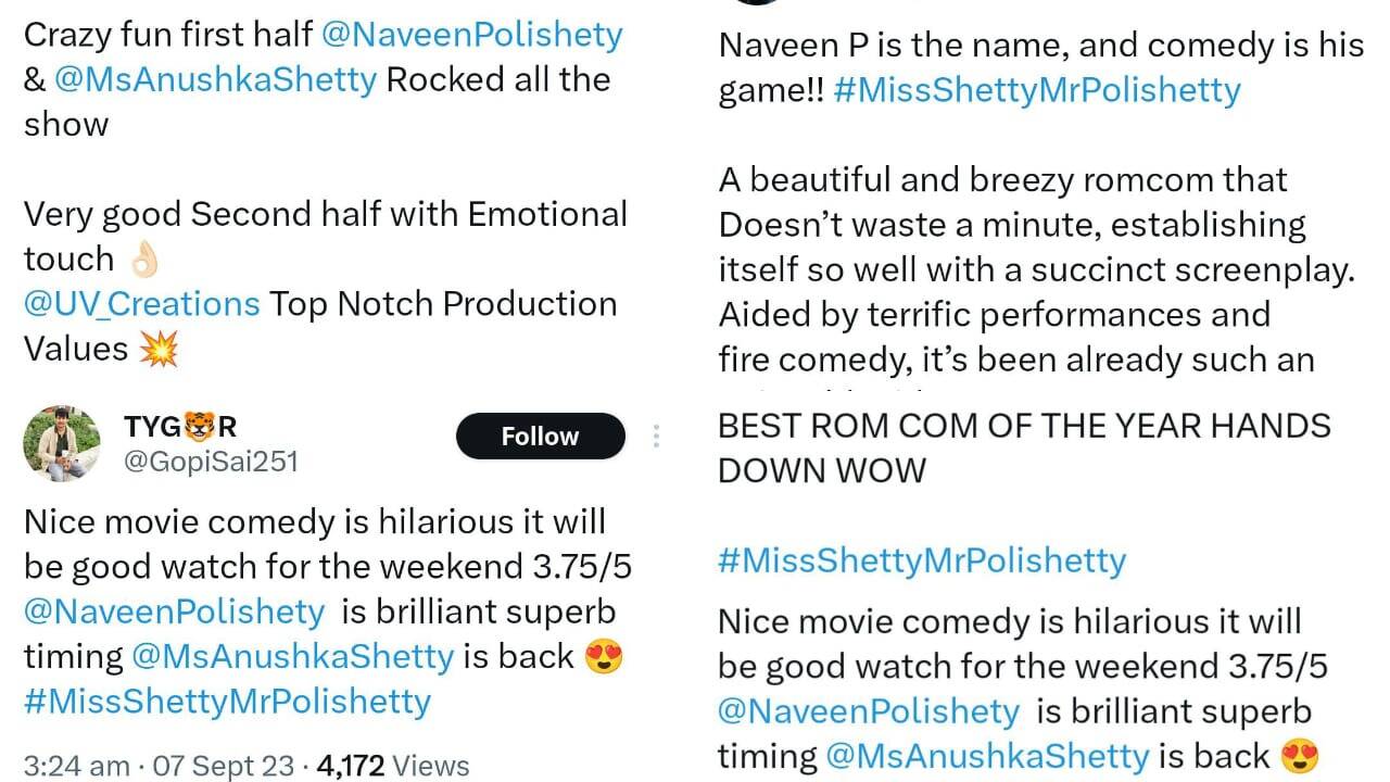 Anushka Shetty is back on the big screen after five years with her new release Miss Shetty Mr. Polishetty. The Naveen Polishetty co-starrer romantic drama releases in theaters today. The promotion and buzz of the film has proved to be a major crowd puller and has opened with good numbers. Some viewers who have seen the film have shared their reviews on social media. Miss Shetty Mr Polishetty is hailed as a clean rom-com, check audience reviews Judging by the initial response, Miss Shetty Mr Polishetty seems to have hit the mark. The film has received good reviews from the audience all over the world. Despite clashing with the biggest film Jaawan, the Anushka Shetty starrer managed to make an impression on the audience and the box office. Miss Shetty Mr Polishetty is hailed as a clean rom-com. Love the fresh pairing between Anushka and Naveen and their ensuing cute chemistry. The Jethi Ratnalu actor, known for his comedic timing, lifts the mood of the audience with his one-liners. Also, reviews suggest that Anushka has done well as London-based chef Anvita Rawali Shetty. Overall, the film is heralded as a laugh riot with clever dialogues woven into the plot, an interesting story and screenplay with impressive direction by Mahesh Babu P. Along with comedy and romance, the film has also managed to touch on issues like feminism, single parenting and more. It is very refreshing to see such a modern film in Telugu cinemas. Word of mouth publicity for the film will definitely boost the film. Anushka Shetty is back on the silver screen after five years and it's safe to say that she seems to have scored a clean hit with this film. The actress is known to captivate the audience with her every performance, be it as a princess, warrior and mother in Baahubali or as the strong female lead in Miss Shetty Mr. Polishetty. Miss Shetty About Mr. Polishetty The story revolves around Anushka who is a staunch feminist who refrains from getting married but hopes to become a mother and have a child of her own. She meets a standup comedian Sidhu Polishetty (Naveen Polishetty) and encourages him to ask her to be a sperm donor. Along with Anushka Shetty and Naveen Polishetty, the project has a star cast including senior actors Jayasudha, Murali Sharma and many others in pivotal roles. Radhan has composed the songs and original score for the project.
