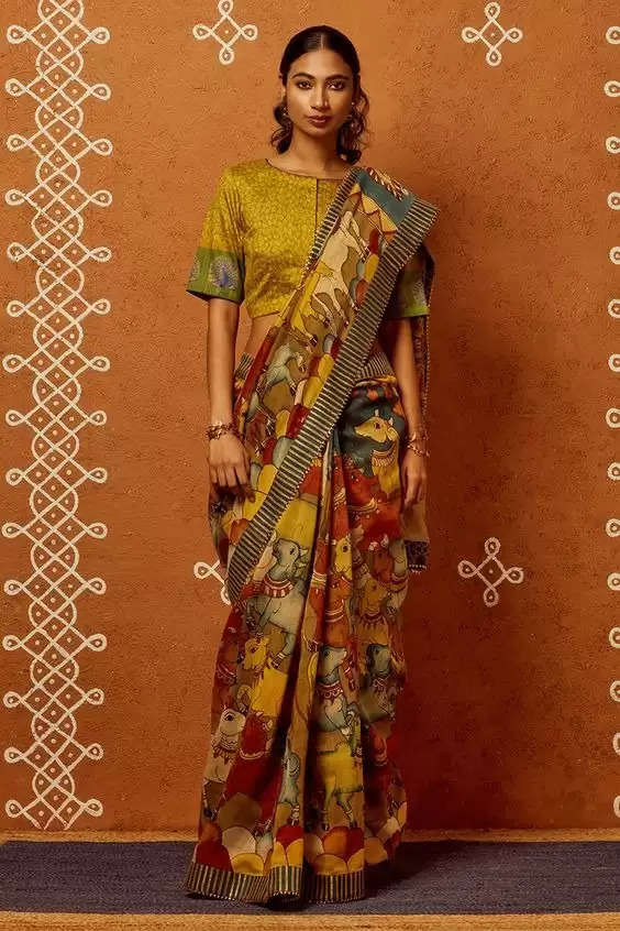1. Kalamkari Lakshmi Narayan design on full silk saree