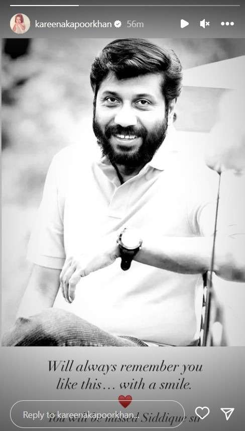 Siddique, the popular Malayalam director, passed away yesterday at the age of 63. He also directed Bodyguard starring Salman Khan and Kareena Kapoor Khan. According to reports, he was admitted to Amrita Hospital in Kochi on August 7 after suffering a heart attack. He was in critical condition and was placed on medical support with an extracorporeal membrane oxygenation (ECMO) machine. The director committed suicide the next day. People from the Indian film industry have been mourning his death through their heartfelt tributes on social media. Now Kareena has also expressed grief over Siddique's demise.  Kareena Kapoor Khan mourns the death of Bodyguard director Siddique On Wednesday, August 9, Kareena Kapoor Khan took to her Instagram stories and mourned the loss of filmmaker Siddique who directed her in the film Bodyguard. Kareena shared a happy monochrome picture of the director and captioned it, “Always remember you like this...with a smile. (red heart emoji) You will be missed Siddique Sir.”  Earlier, actor Dulquer Salmaan also wrote a beautiful note as he remembered the late director Siddiqui and expressed his condolences to his family. He wrote, 