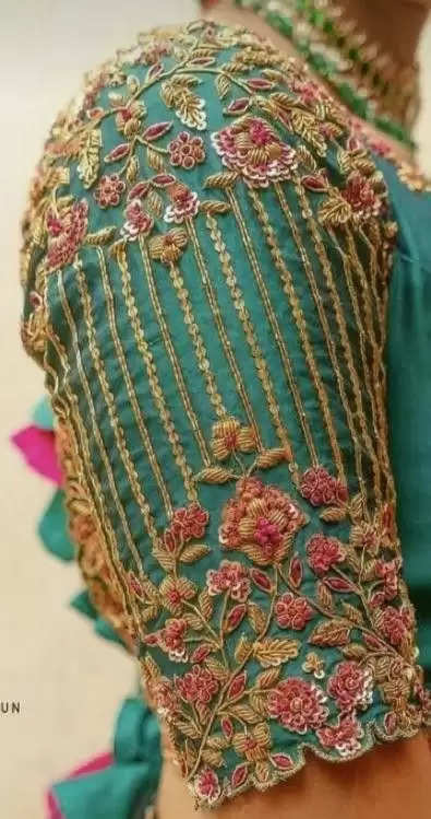 2. Sky blue zardosi wedding saw work blouse hand design